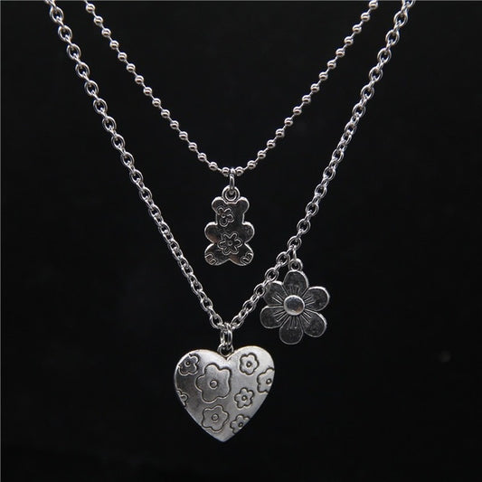 Punk Rock Flower Bear Heart Pendant Necklace