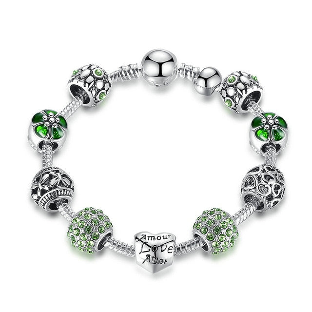 Silver Charm Bracelet & Bangle with Love and Flower Beads