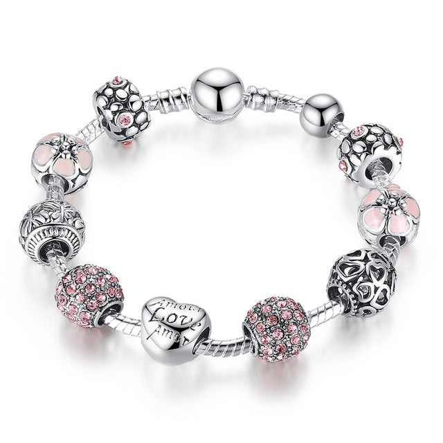 Silver Charm Bracelet & Bangle with Love and Flower Beads