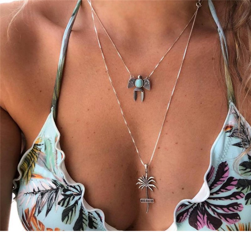 Muti Layer Turtle and Palm Tree Pendant Necklace