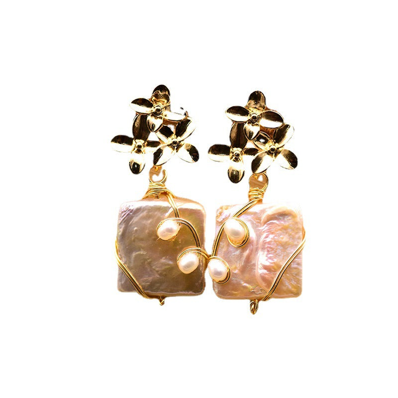 Handmade Flower Drop Natural Baroque Square Pearl Earrings