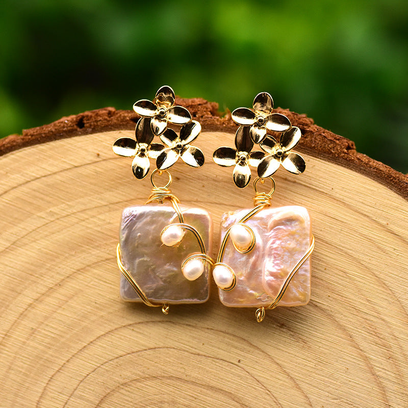 Handmade Flower Drop Natural Baroque Square Pearl Earrings