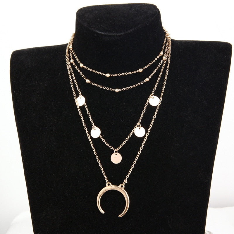 Multi Layer Round Moon Pendant Necklace for Women - Fashion Accessory