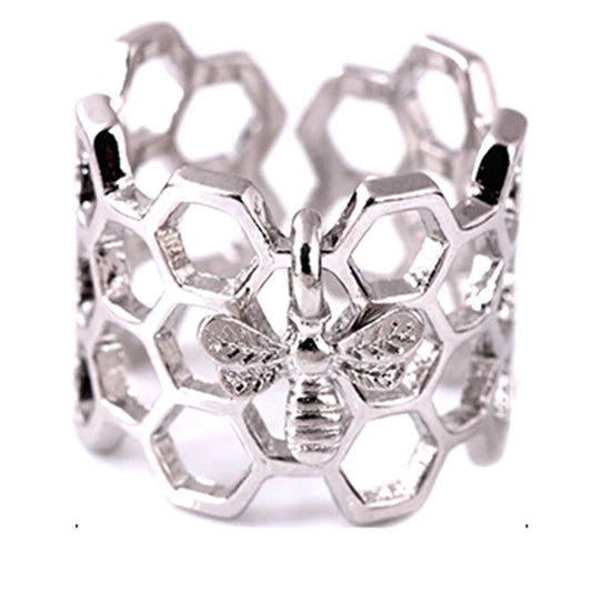 Adjustable Bee Open Hexagon Stainless Steel Ladies Ring