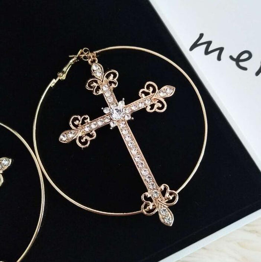 Trendy Large Gold Round Crystal Cross Earrings