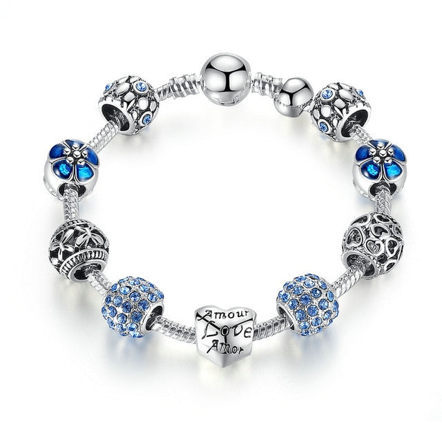 Silver Charm Bracelet & Bangle with Love and Flower Beads