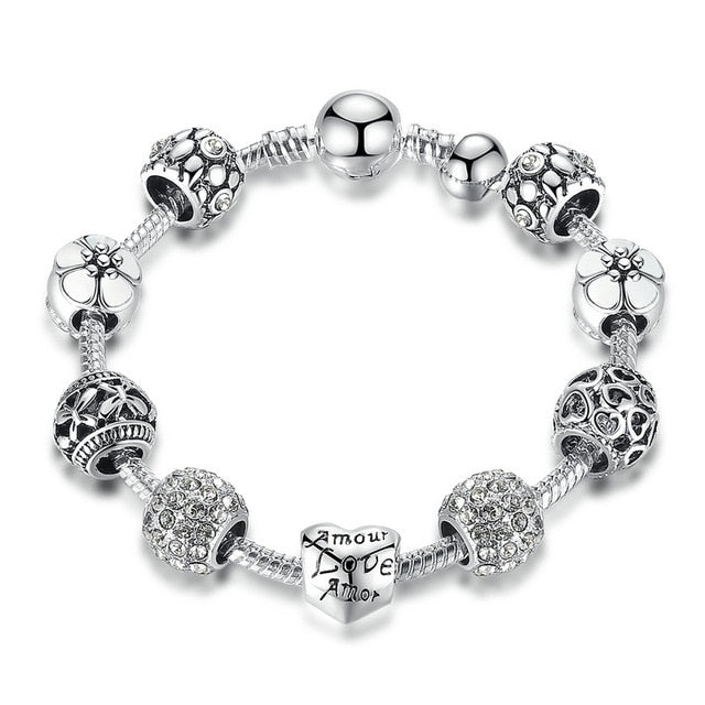 Silver Charm Bracelet & Bangle with Love and Flower Beads