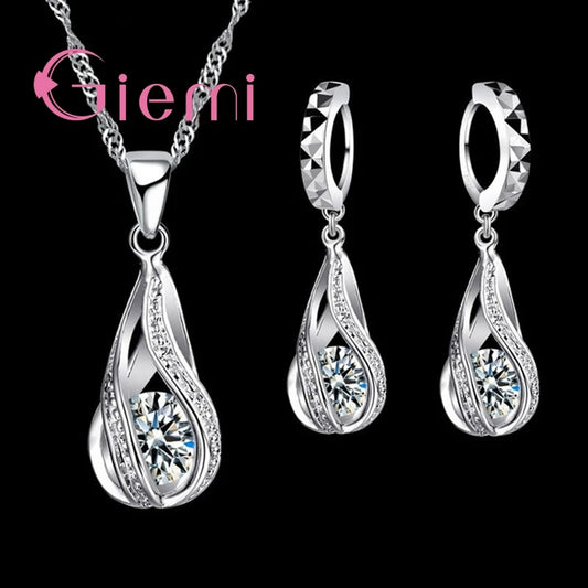 925 Sterling Silver Water Drop Cubic Zircon Pendant Jewelry Set