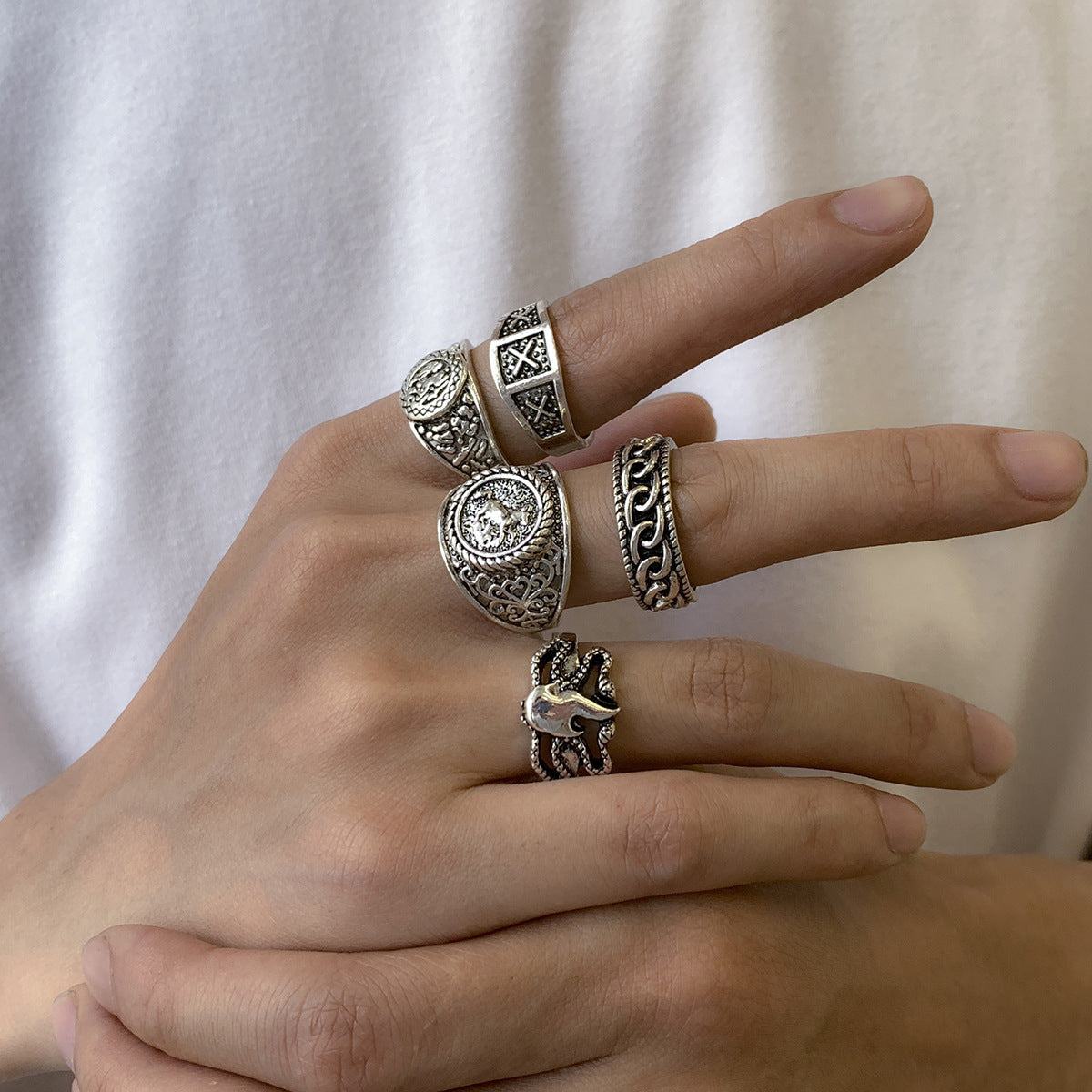 Men's 5pc Retro Trendy Totem Geometric Rings