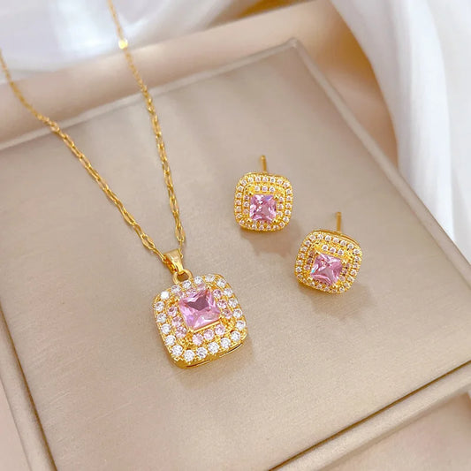 Stainless Steel Trendy Geometric Zircon Pendant Jewelry Set